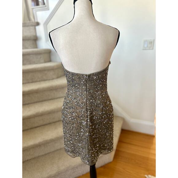 Vintage 90s NWT Shail K Taupe Silk Sequin Sweetheart Mini Dress - Picture 3 of 9